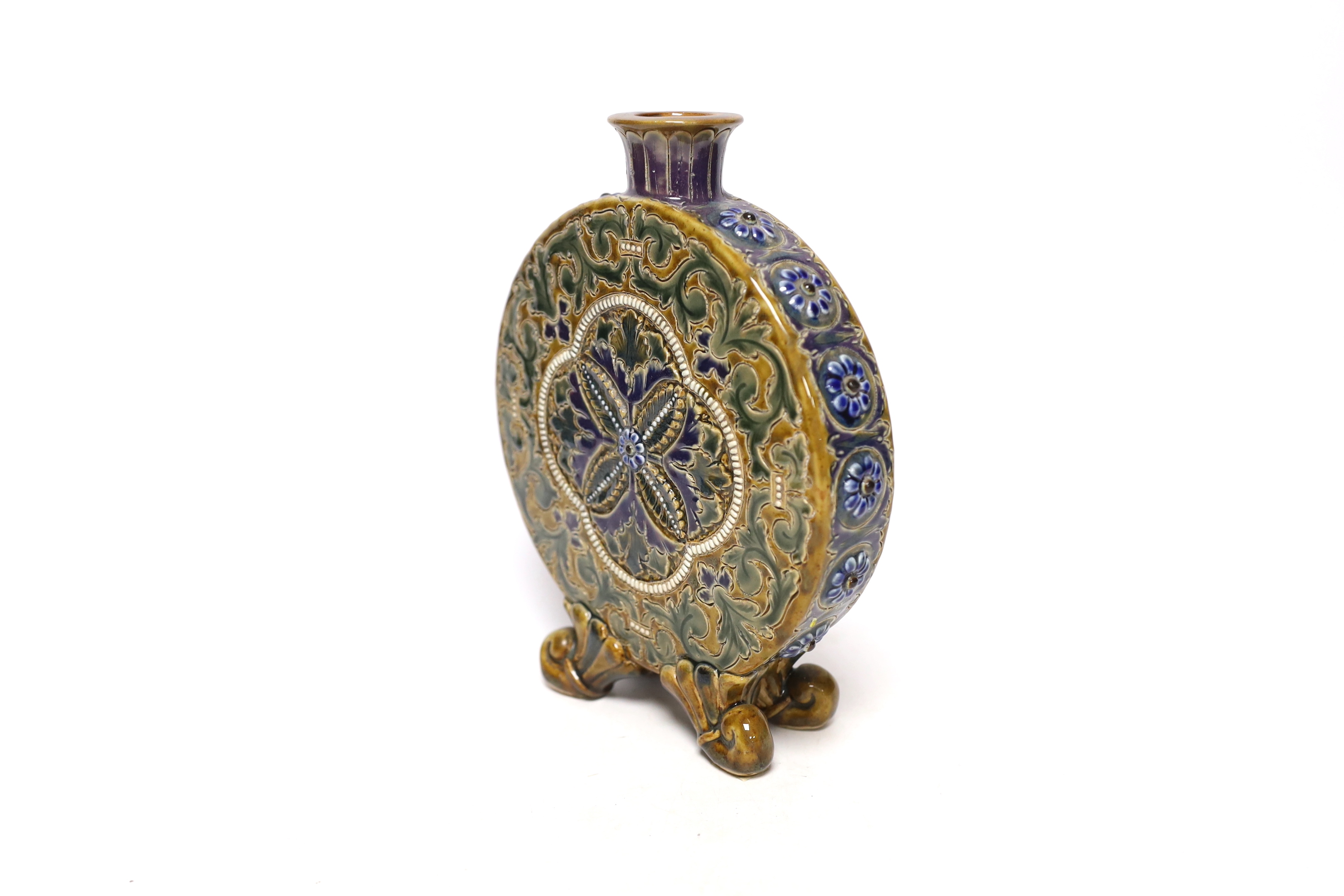 Eliza Simmance for Doulton Lambeth, an unusual moonflask, probably dated 1879, incised with a flowerhead and scrolling leaves with applied 'jewelling', on four scroll feet, impressed mark and incised marks '217' 'ES' and